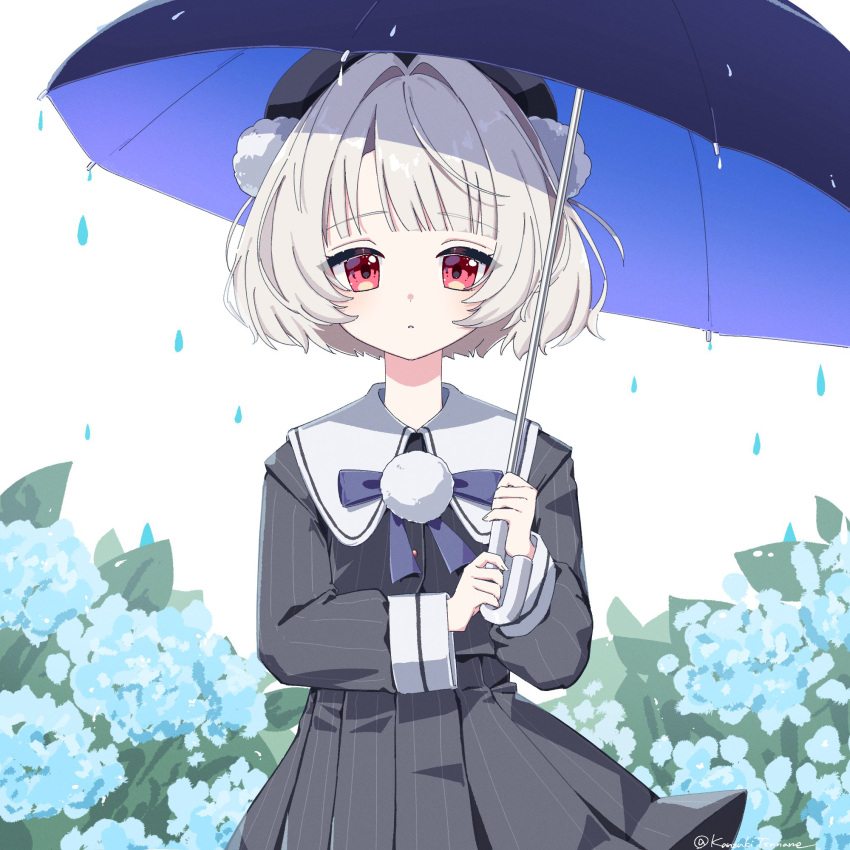 1girl, beret, black_hat, blue_umbrella, commentary, fingernails, flower, grey_shirt
