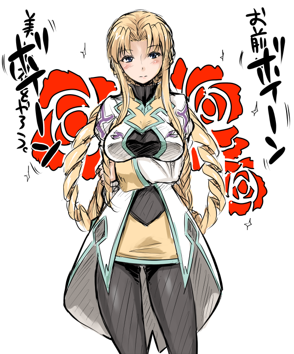 blonde_hair, blue_eyes, blush, breasts, character_request, fechirin, large_breasts, marguerite_pistail, pantyhose, solo, super_robot_wars, super_robot_wars_z, super_robot_wars_z2, translation_request, uniform