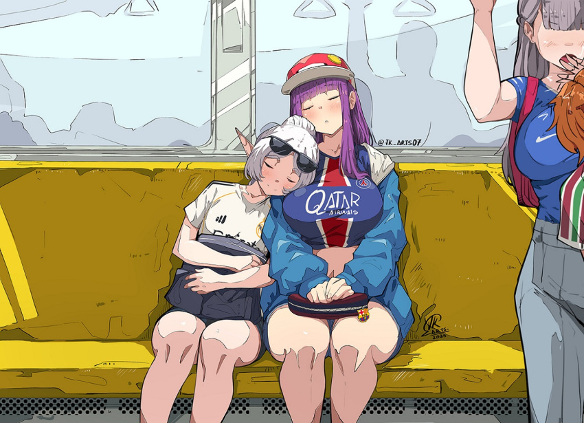 4girls, adidas, bag, blunt_bangs, blush, breasts, closed_eyes, collarbone