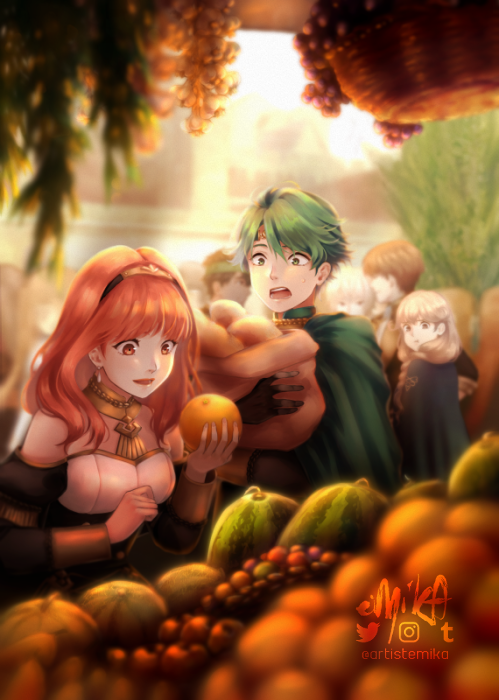 2girls, 4boys, alm_(fire_emblem), alternate_costume, apple, aristemika, bag, berry
