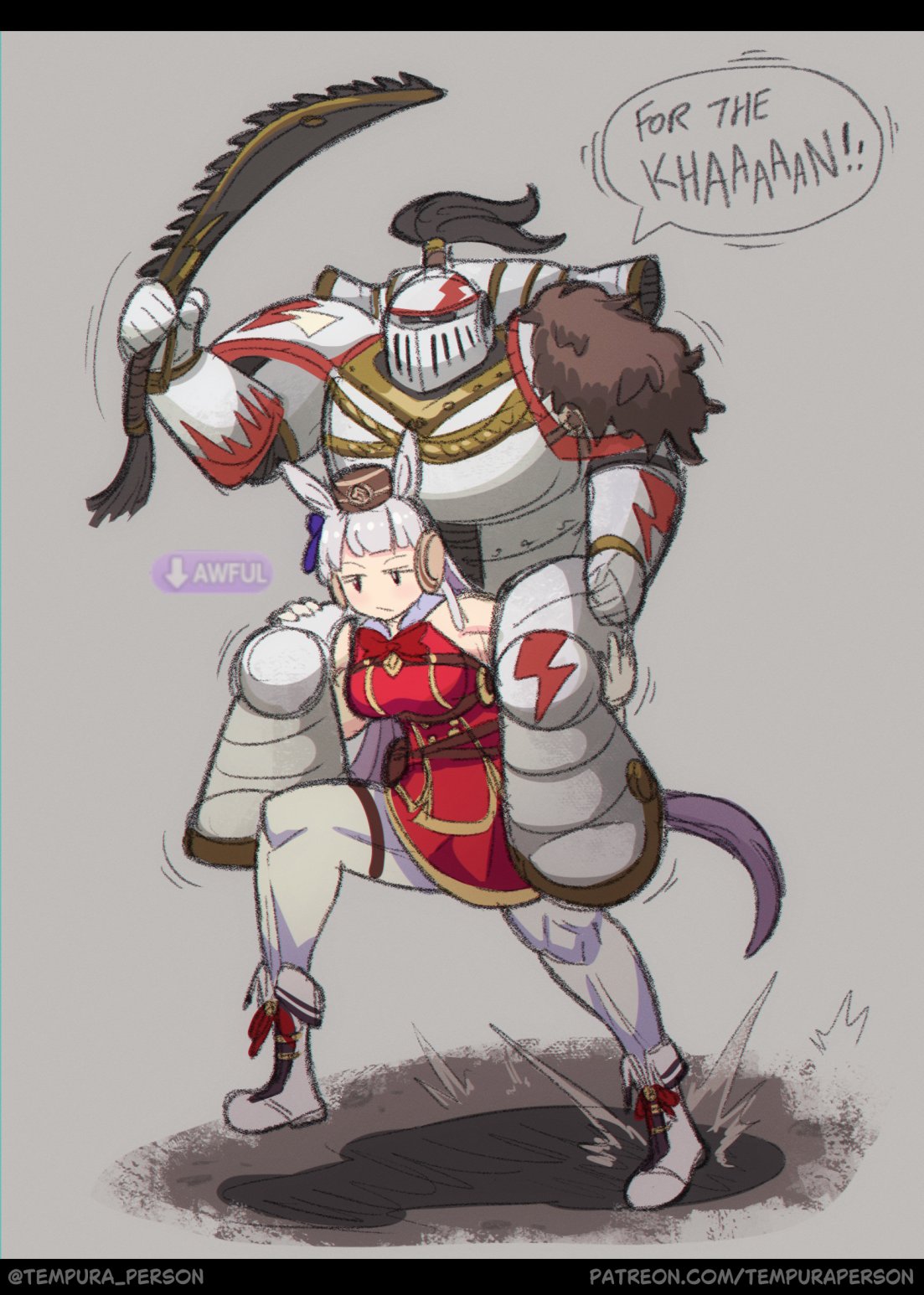 1boy, 1girl, adeptus_astartes, animal_ears, armor, boots, carrying, chainsword