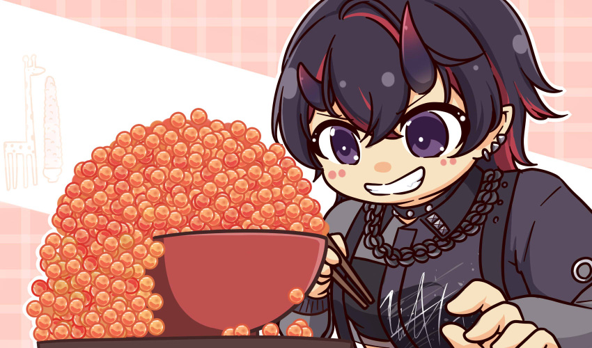 1girl, aitsugawa_rui, asymmetrical_horns, black_hair, black_horns, black_shirt, bowl, chain