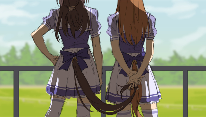 2girls, arms_behind_back, bow, brown_hair, commentary, day, el_condor_pasa_(umamusume), english_commentary