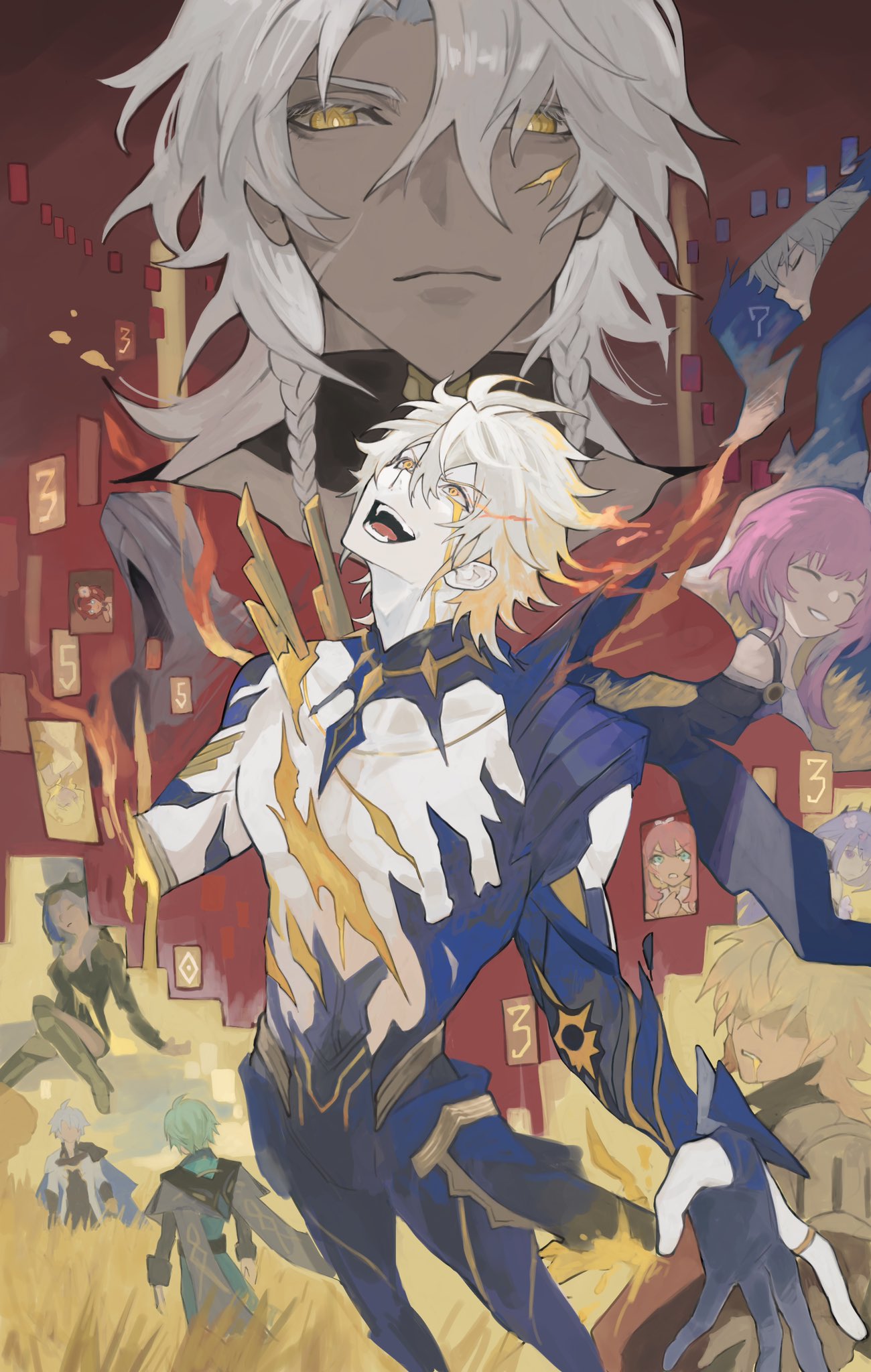 aglaea_(honkai:_star_rail), anaxa_(honkai:_star_rail), bare_pectorals, blood, caelus_(honkai:_star_rail), castorice_(honkai:_star_rail), cipher_(honkai:_star_rail), closed_eyes, colored_skin, cyrene_(aedes_elysiae)_(honkai:_star_rail), cyrene_(honkai:_star_rail), dark-skinned_male, dark_skin, green_hair, grey_hair, highres, honkai:_star_rail, honkai_(series), hyacine_(honkai:_star_rail), long_hair, material_growth, mumu_vosp, mydei_(honkai:_star_rail), nanook_(honkai:_star_rail), open_mouth, pectorals, phainon_(honkai:_star_rail), phainon_(khaslana)_(honkai:_star_rail), pink_hair, purple_hair, short_hair, smile, torn_clothes, trailblazer_(honkai:_star_rail), tribbie_(honkai:_star_rail), white_hair, white_skin, yellow_blood, yellow_eyes, zephyro