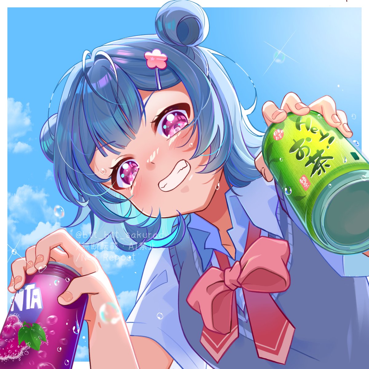 1girl, bow, bowtie, can, canned_tea, collared_shirt, commentary_request, double_bun