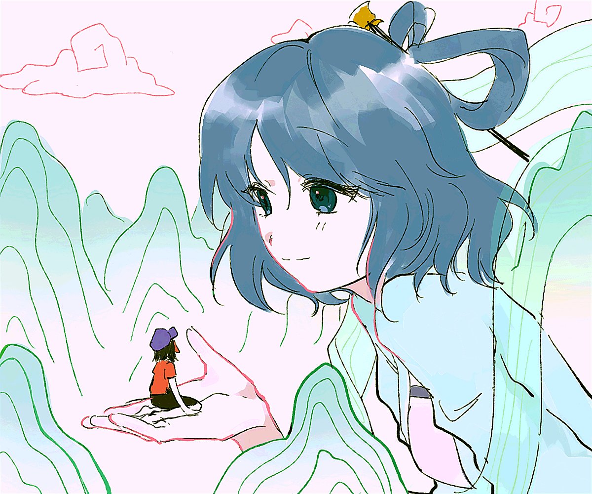2girls, black_skirt, blue_dress, blue_eyes, blue_hair, closed_mouth, clouds, commentary, dress, giant, giantess, hair_ornament, hair_rings, hair_stick, hat, in_palm, jiangshi, kaku_seiga, looking_at_another, miyako_yoshika, mountainous_horizon, multiple_girls, newsboy_cap, purple_hat, red_shirt, shirt, short_hair, size_difference, skirt, sky, smile, sumang803, touhou, upper_body, white_sky