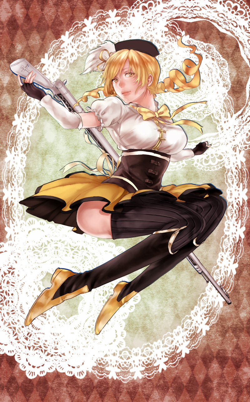 beret, blonde_hair, boots, breasts, corset, detached_sleeves, drill_hair, fingerless_gloves, gloves, gun, hair_ornament, hat, hentairyuzi, highres, lace, large_breasts, magical_girl, magical_musket, mahou_shoujo_madoka_magica, pleated_skirt, puffy_sleeves, ribbon, rifle, skirt, solo, taut_shirt, thigh-highs, thighhighs, tomoe_mami, weapon, yellow_eyes