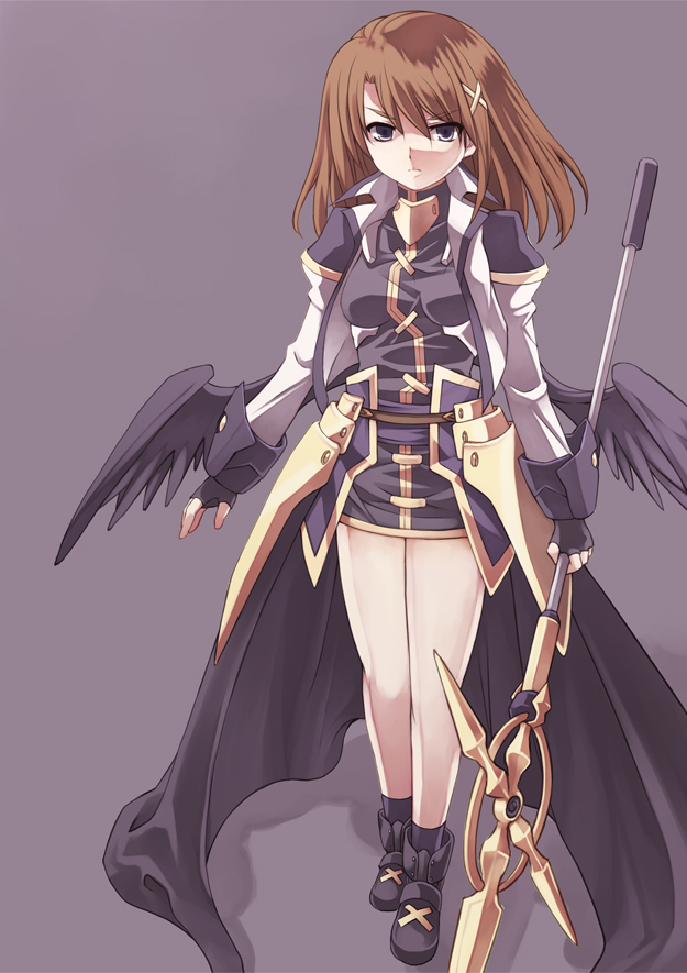 brown_hair, fingerless_gloves, gloves, grey_eyes, kouno_hikaru, long_hair, lyrical_nanoha, mahou_senki_lyrical_nanoha_force