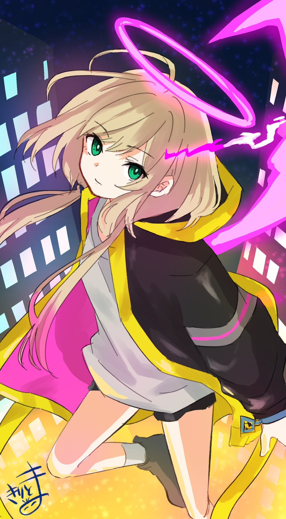 1girl, ahoge, black_jacket, black_shoes, black_shorts, brown_hair, closed_mouth, commentary_request, elle_(monster_strike), glowing, green_eyes, grey_socks, hair_between_eyes, halo, highres, hood, hood_down, hooded_jacket, jacket, kiritoma, long_hair, looking_at_viewer, low_twintails, monster_strike, open_clothes, open_jacket, shoes, short_shorts, shorts, signature, socks, solo, twintails, very_long_hair