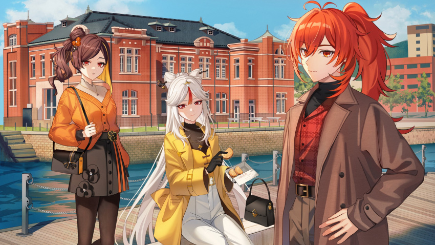 1boy, 2girls, alternate_costume, bag, black_bag, black_gloves, black_pantyhose, black_skirt