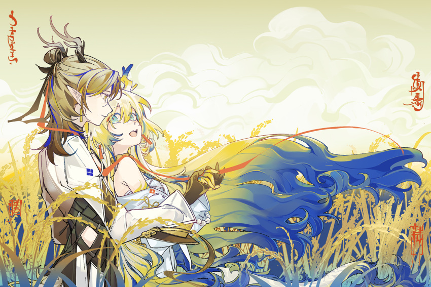 1boy, 1girl, :d, aqua_eyes, arknights, bare_shoulders, beads, blonde_hair