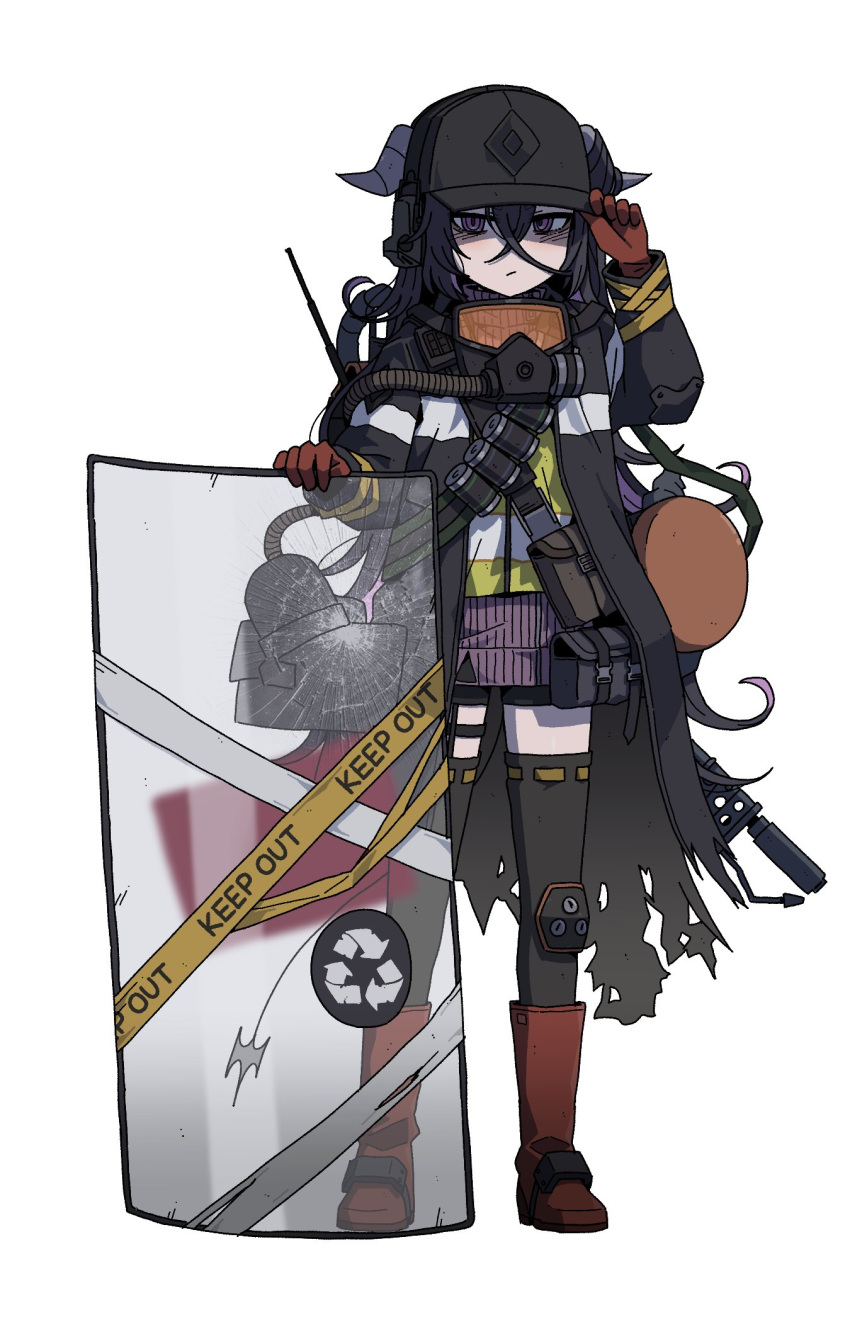 1girl, arrow_(symbol), bag, bandolier, baseball_cap, belt, beryl_beru, black_jacket, black_shorts, black_thighhighs, boots, caution_tape, closed_mouth, cosplay, crossed_bangs, ear_protection, flamethrower, gas_mask, girls_frontline, gloves, hair_between_eyes, hand_on_headwear, hands_up, hat, highres, horns, indie_virtual_youtuber, jacket, karepack, keep_out, looking_at_viewer, mask, mask_around_neck, pink_sweater, purple_hair, recycling_symbol, red_boots, red_gloves, respirator, riot_shield, satchel, shield, shorts, solo, sweater, thigh-highs, vector_(girls'_frontline), vector_(girls'_frontline)_(cosplay), vector_(hellfire)_(girls'_frontline), vest, violet_eyes, virtual_youtuber, weapon, yellow_vest
