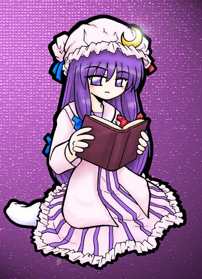 1girl, blue_bow, book, bow, crescent, crescent_hat_ornament, crescent_pin, dress, harapekobijin, hat, hat_ornament, holding, holding_book, long_hair, looking_at_object, mob_cap, patchouli_knowledge, purple_background, purple_hair, reading, sitting, socks, solo, striped_clothes, striped_dress, touhou, two-tone_dress, violet_eyes, wariza, white_socks