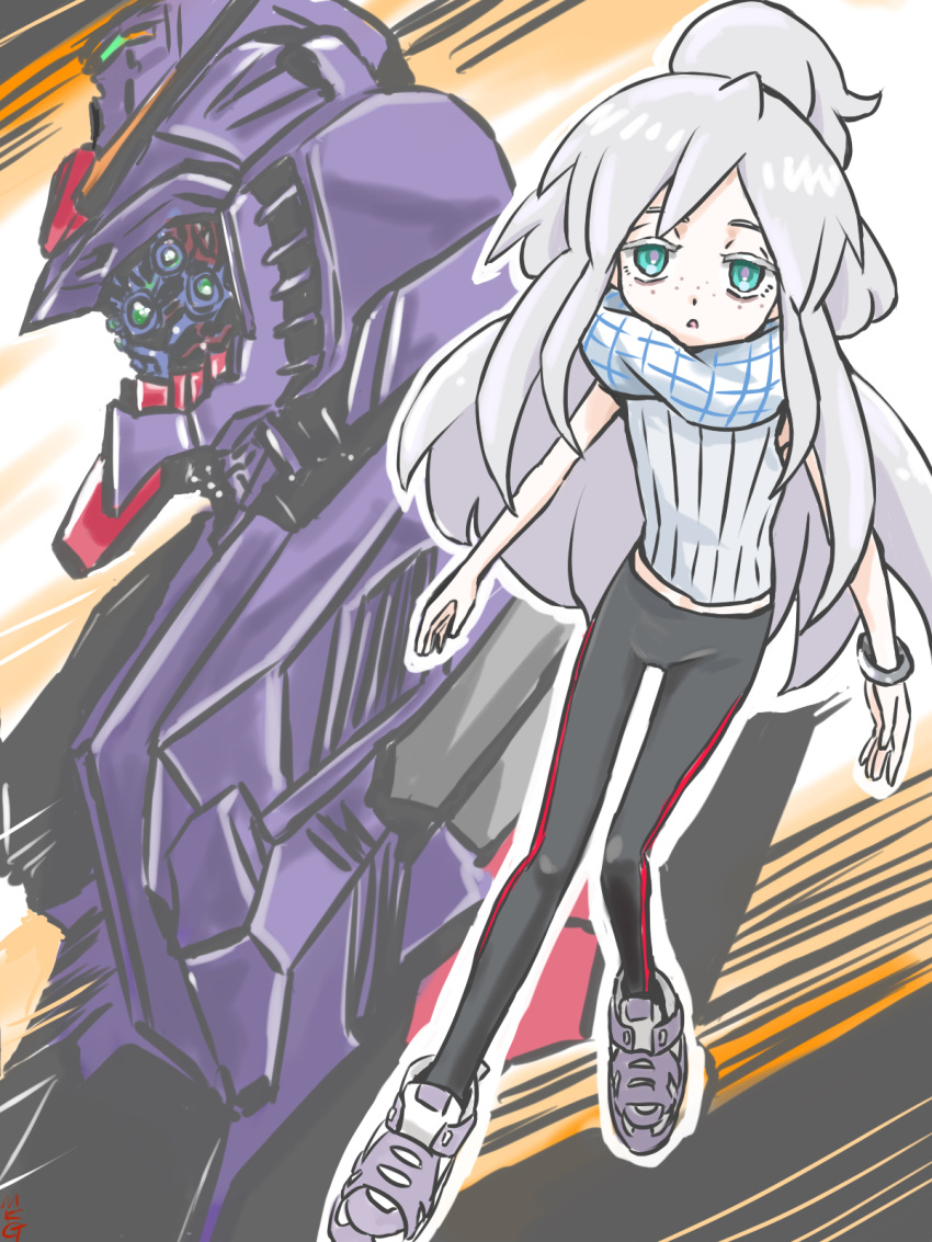 1980s_(style), 1girl, blue_eyes, commentary_request, deux_murasame, extra_eyes, gundam, gundam_gquuuuuux