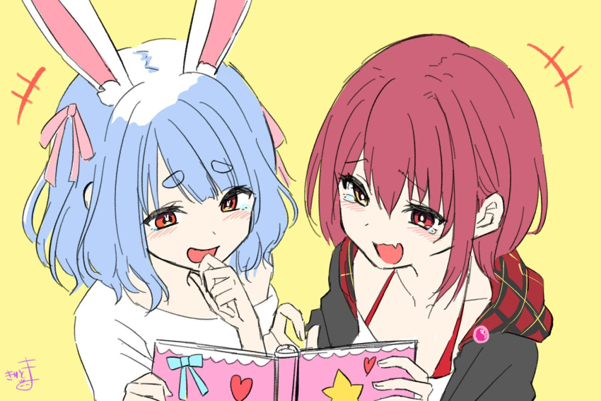 +++, 2girls, :d, animal_ear_fluff, animal_ears, black_jacket, blue_hair, blush