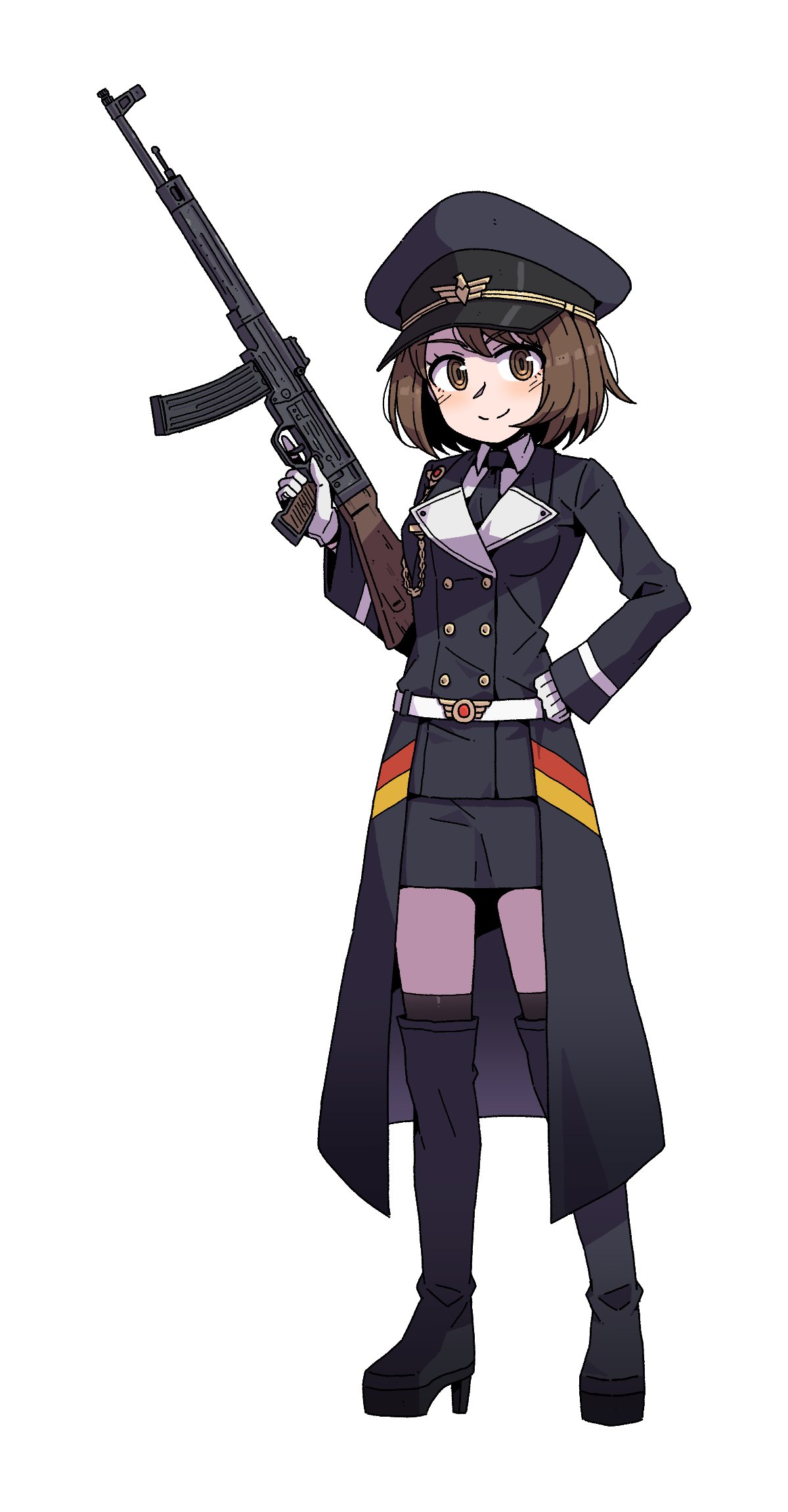 1girl, assault_rifle, black_boots, black_jacket, black_necktie, black_skirt, black_thighhighs, boots