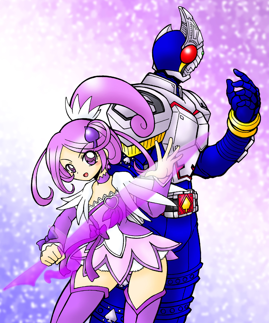 1boy, 1girl, armor, blay_buckle, brooch, choker, crossover, cure_sword