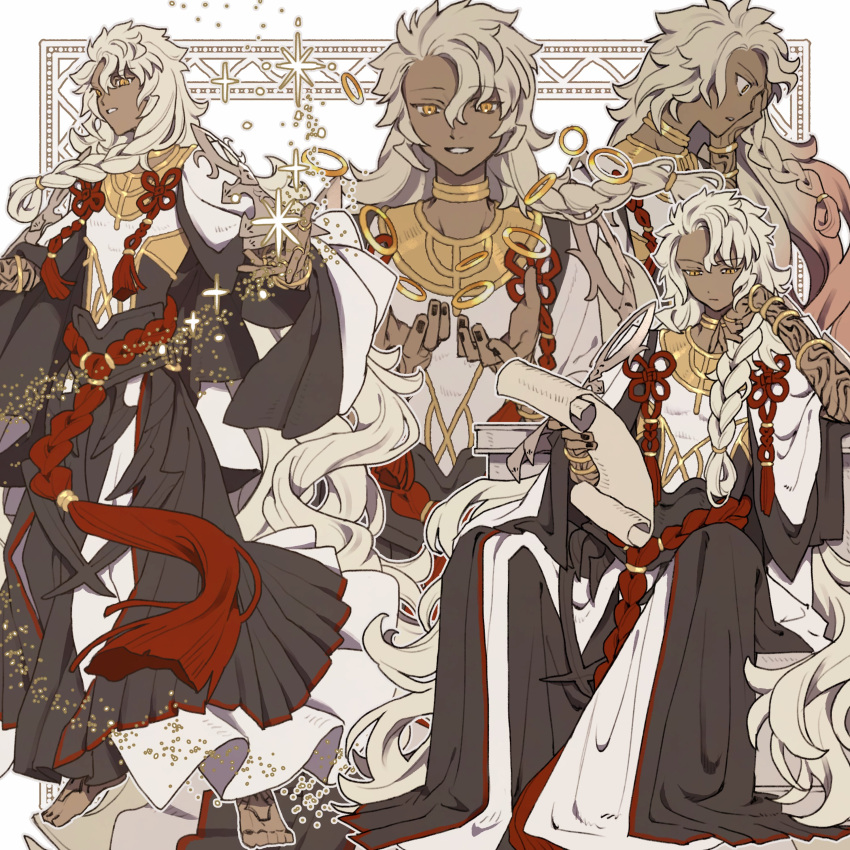 1boy, absurdly_long_hair, absurdres, arm_tattoo, barefoot, black_nails, bracelet, braid, closed_mouth, commentary, dark-skinned_male, dark_skin, elbow_rest, fate/grand_order, fate_(series), floating, flower_knot, foot_tattoo, frown, full_body, gold_bracelet, gold_ring, grin, hand_on_own_cheek, hand_on_own_face, highres, holding, holding_scroll, jewelry, long_hair, looking_at_viewer, m_12170, male_focus, multiple_bracelets, multiple_rings, multiple_views, neck_ring, orange_eyes, outline, outstretched_arms, parted_lips, reaching, reaching_towards_viewer, reading, ring, scroll, side_braid, simple_background, sitting, smile, solomon_(fate), sparkle, tassel, tattoo, very_long_hair, white_background, white_hair, white_outline, wide-eyed