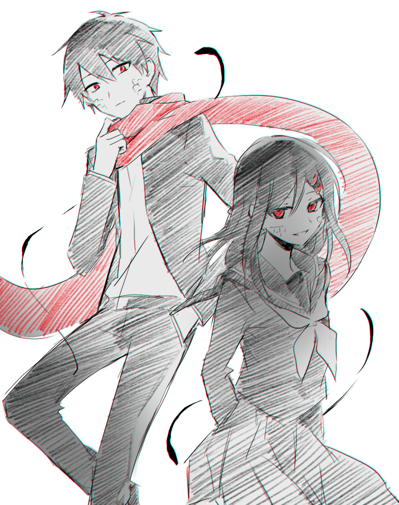 1boy, 1girl, aaniko, borrowed_clothes, closed_mouth, commentary_request, couple, cowboy_shot
