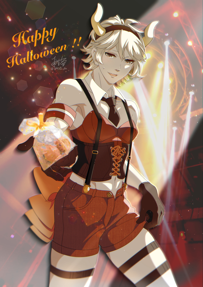 1boy, absurdres, armband, bag, black_gloves, black_necktie, bow, character_request, commentary_request, corset, crossdressing, crossdressing_(mtf), detached_collar, fake_horns, gloves, grey_eyes, happy_halloween, hataraku_saibou, hataraku_saibou_white, highres, holding, holding_bag, horn_hairband, horns, navel, necktie, orange_bow, short_necktie, shorts, solo, suspender_shorts, suspenders, sweatdrop, ujo_rai, unbuttoned, white_blood_cell_(hataraku_saibou), white_hair