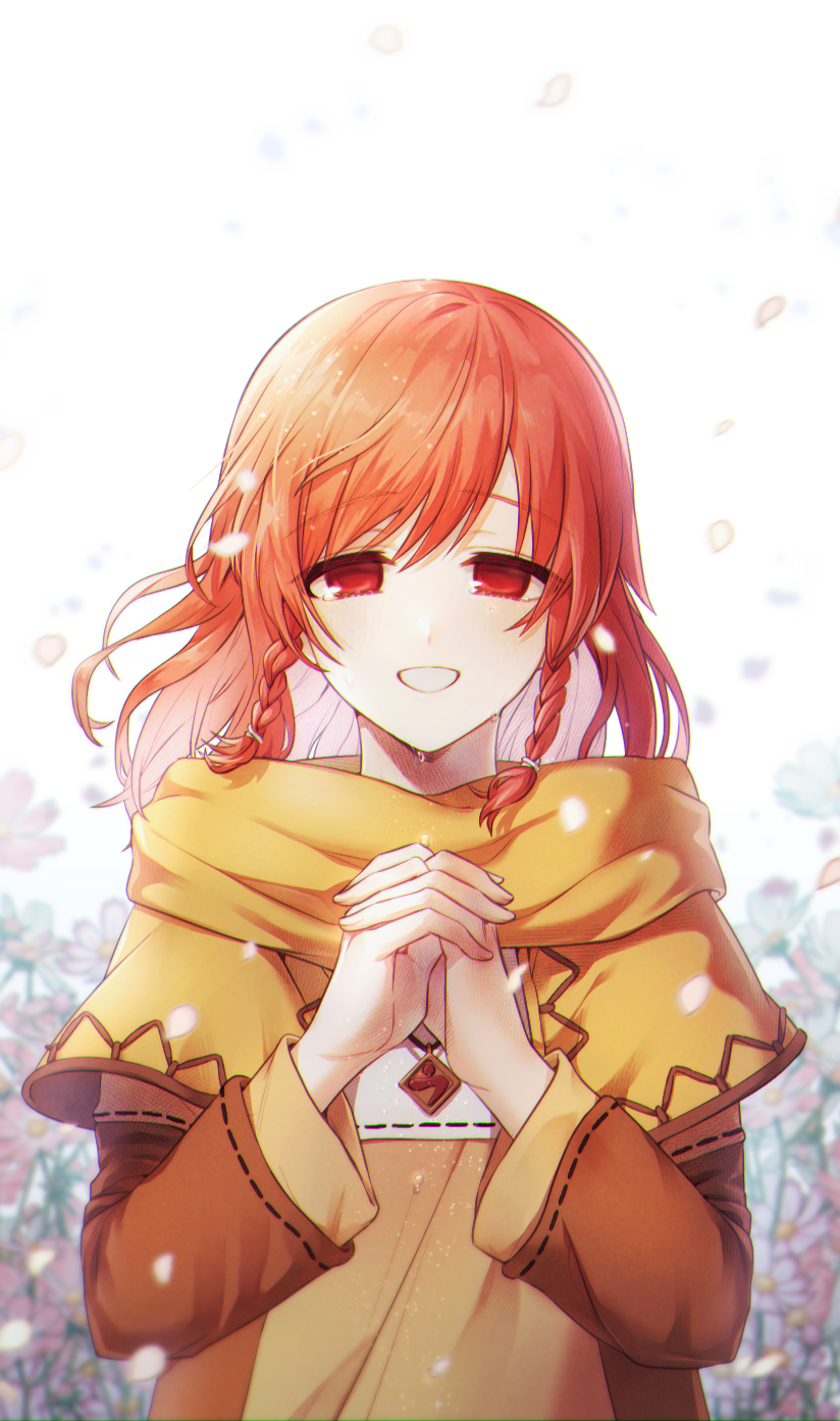 1girl, braid, c_bako, flower, highres, hood, long_sleeves, mabinogi