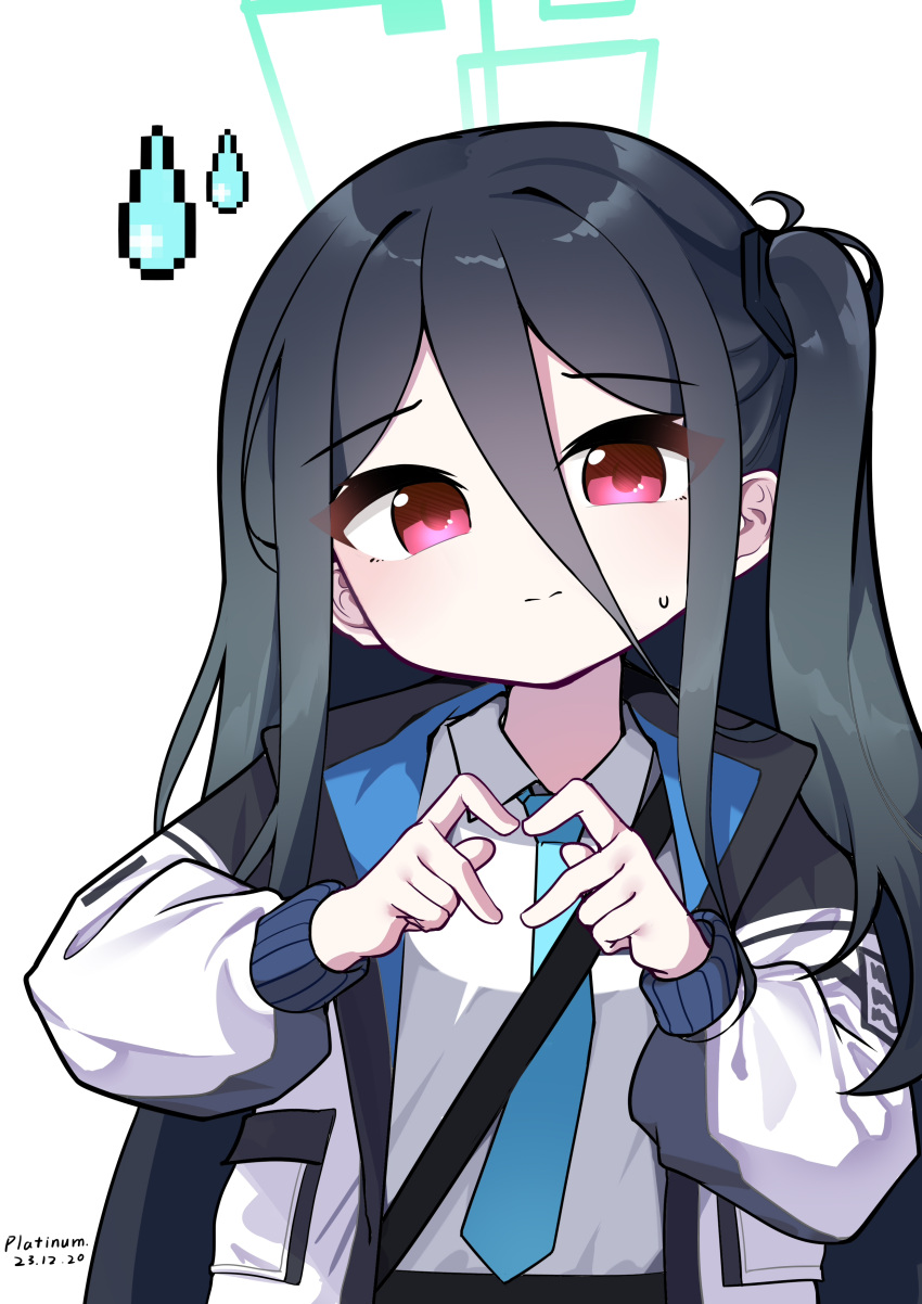 1girl, 2023, absurdres, aqua_halo, artist_name, black_hair, black_hairband, black_jacket