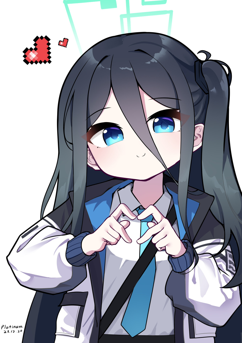 1girl, 2023, absurdres, aqua_halo, aris_(blue_archive), artist_name, black_hair, black_hairband, black_jacket, blue_archive, blue_eyes, blue_jacket, blue_necktie, chinese_commentary, closed_mouth, collared_shirt, commentary, dated, double-parted_bangs, eyes_visible_through_hair, four-finger_heart_hands, hair_between_eyes, hairband, halo, heart, heart_hands, highres, jacket, long_bangs, long_hair, long_hair_between_eyes, long_sidelocks, long_sleeves, looking_at_viewer, multicolored_jacket, necktie, one_side_up, open_clothes, open_jacket, pixel_heart, platinum-mix, puffy_long_sleeves, puffy_sleeves, rectangular_halo, school_uniform, shirt, shirt_tucked_in, sidelocks, simple_background, smile, solo, split_mouth, two-sided_fabric, two-sided_jacket, upper_body, very_long_hair, white_background, white_jacket, white_shirt