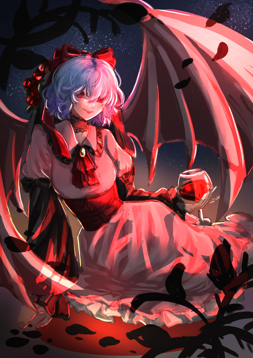 1girl, a16850155, absurdres, ascot, bat_wings, bow, breasts, choker, collared_dress, corset, cup, dress, drinking_glass, falling_petals, fang, frilled_dress, frills, gem, hair_between_eyes, hair_bow, highres, holding, holding_cup, lace-trimmed_choker, lace_trim, long_sleeves, looking_at_viewer, messy_hair, night, parted_lips, petals, pink_dress, puffy_sleeves, red_ascot, red_bow, red_corset, red_eyes, red_sleeves, remilia_day, remilia_scarlet, short_hair, sitting, sky, small_breasts, smile, solo, star_(sky), starry_sky, touhou, wine_glass, wings, yellow_gemstone