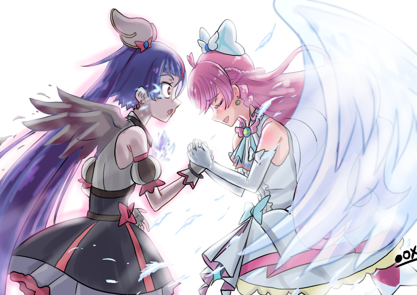 2girls, ahoge, angel_wings, anime_coloring, arm_bow, bare_shoulders, bird_wings, black_ox_(0-max)