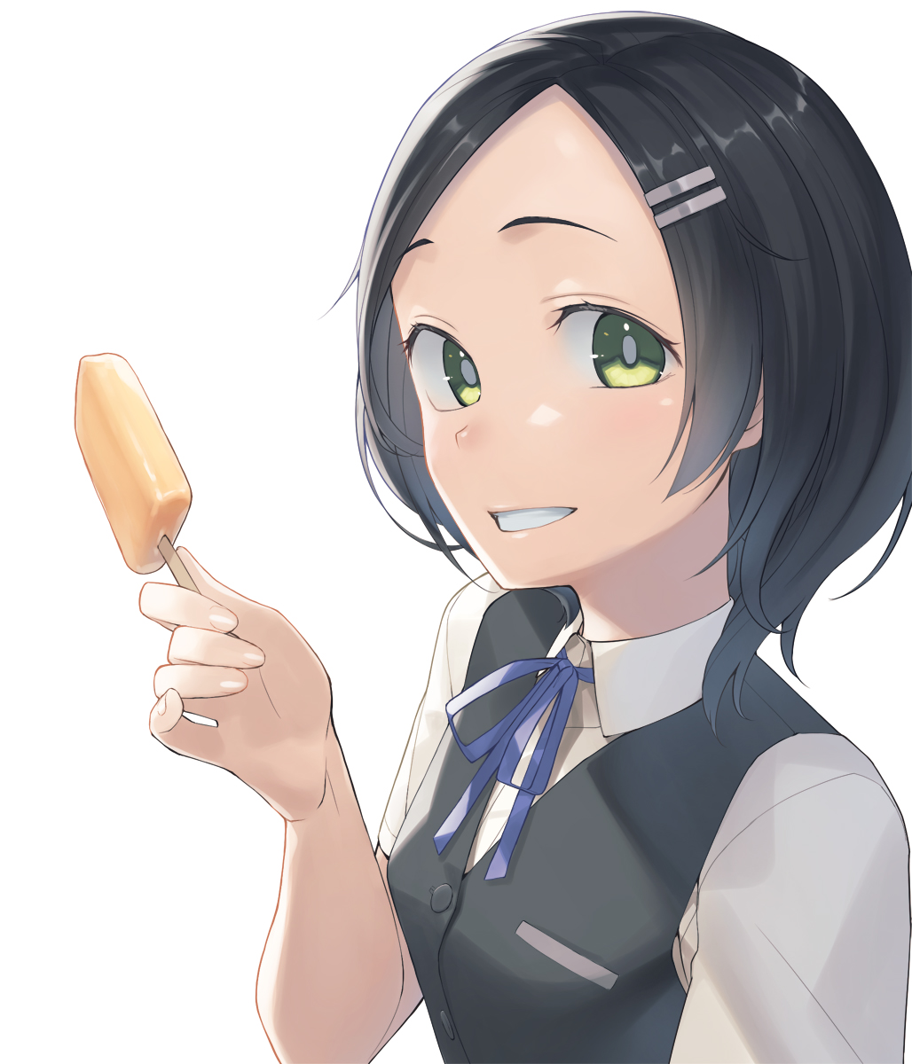 1girl, black_hair, black_vest, blue_ribbon, collared_shirt, commentary_request, food, green_eyes