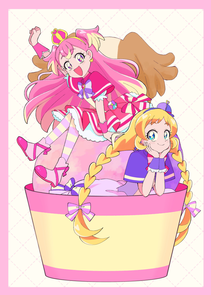 2girls, :d, absurdres, arched_crown, arm_support, arm_up, blonde_hair, blue_eyes