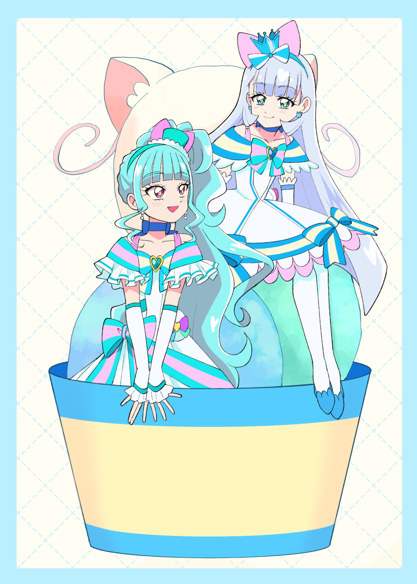 2girls, :d, absurdres, animal_ear_hairband, animal_ears, aqua_bow, aqua_hair, aqua_hairband