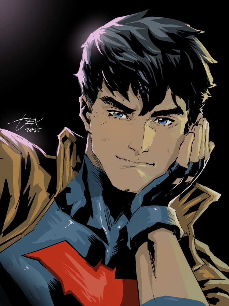 1boy, bat_signal, batman_(series), batman_symbol, black_bodysuit, black_gloves, black_hair, blue_eyes