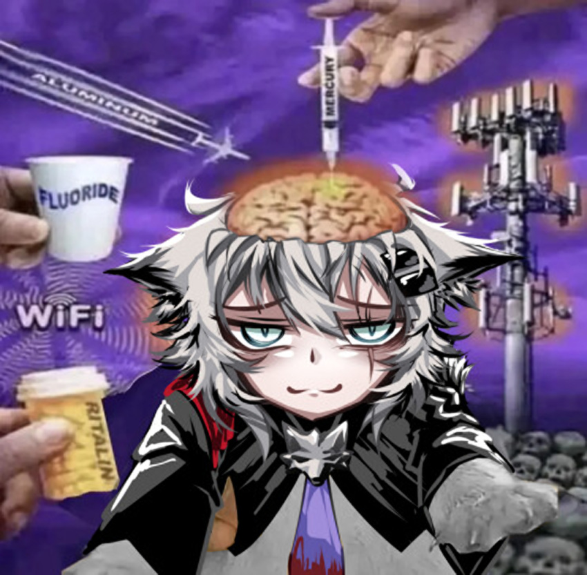 1girl, :3, animal_ears, arknights, blue_eyes, brain, cellphone_tower_radiation_effects_(meme), closed_mouth, commentary, english_commentary, lappland_(arknights), long_hair, meme, solo, syringe, tofusquisha, wolf_ears, wolf_girl