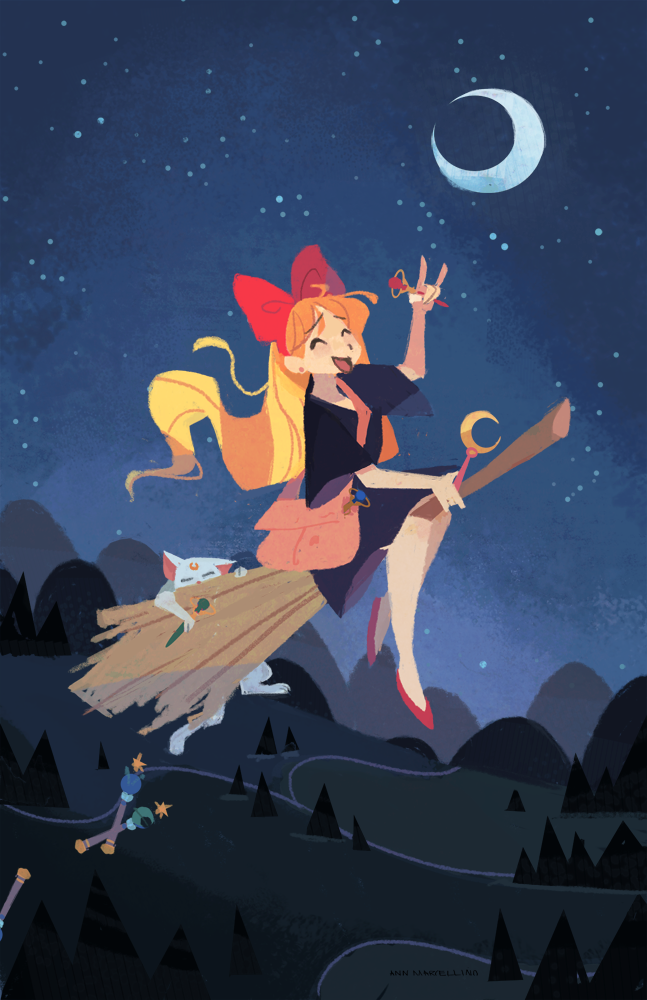 1girl, ^_^, aino_minako, ann_marcellino, artemis_(sailor_moon), bag, bishoujo_senshi_sailor_moon, black_dress, blonde_hair, bow, broom, broom_riding, cat, closed_eyes, commentary, crescent, crescent_moon, crossover, dress, english_commentary, full_body, hair_bow, landscape, long_hair, majo_no_takkyuubin, moon, night, open_mouth, red_bow, red_shoes, scenery, shoes, shoulder_bag, sky, smile, solo, star_(sky), starry_sky, white_cat, witch