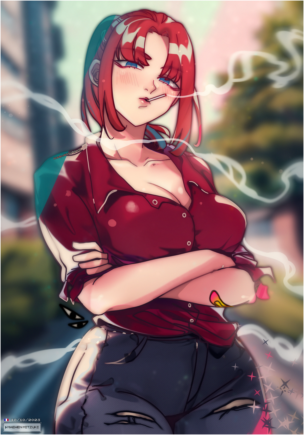 1girl, bandaid, bandaid_on_arm, blue_eyes, breasts, delinquent, denim, highres, inui_ichiko, jeans, kagetsu_tooya, large_breasts, maewenmitzuki, pants, red_hair, red_shirt, shirt, short_hair, sleeves_rolled_up, smoke, smoking, solo, tobacco, torn_clothes, torn_jeans, torn_pants, tsukihime
