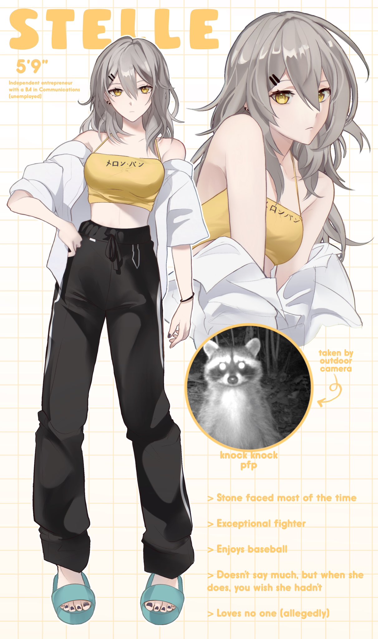 1girl, aqua_shoes, black_pants, bunni_stardust, character_name, closed_mouth, crop_top, earrings