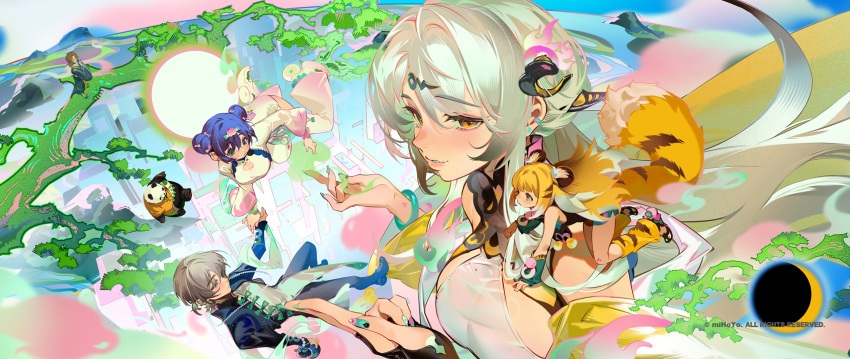 2boys, 3girls, animal_ears, belle_(zenless_zone_zero), blonde_hair, blue_hair, breasts, brother_and_sister, crossed_bangs, grey_hair, hair_between_eyes, highres, ju_fufu, medium_breasts, multiple_boys, multiple_girls, official_art, pan_yinhu, panda, siblings, tail, tiger_ears, tiger_girl, tiger_tail, wise_(zenless_zone_zero), ye_shiyuan, yellow_eyes, yixuan_(zenless_zone_zero), zenless_zone_zero
