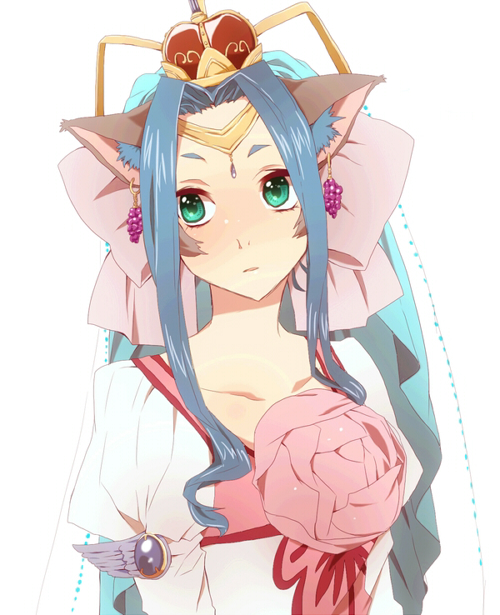 agarte_lindblum, animal_ears, blue_hair, bow, cat_ears, crown, earrings, erigamine, flower, food, fruit, grapes, green_eyes, hair_ribbon, jewelry, payot, pink_rose, princess, ribbon, rose, short_hair, solo, tales_of_(series), tales_of_rebirth, tiara, veil, white_background