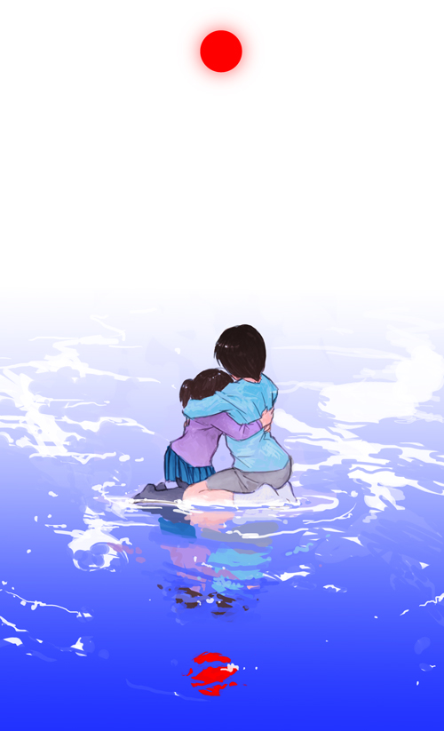 2girls, black_hair, diana_jakobsson, from_behind, hug, multiple_girls, original, reflection