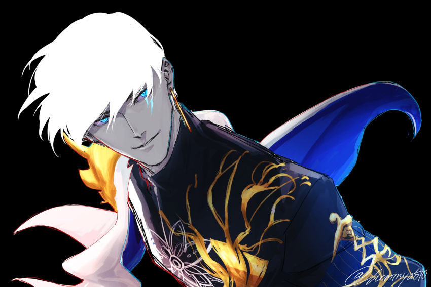 1boy, black_background, blue_eyes, colored_skin, dark-skinned_male, dark_skin, earrings, fate/grand_order, fate_(series), grey_skin, highres, hominya510, indra_(fate), jewelry, lightning_bolt_facial_mark, looking_at_viewer, male_focus, shirt, short_hair, simple_background, smile, solo, upper_body, white_hair