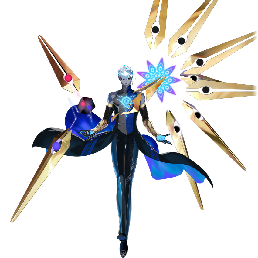 1boy, armor, blue_eyes, blue_hair, bracer, colored_skin, dark-skinned_male, dark_skin