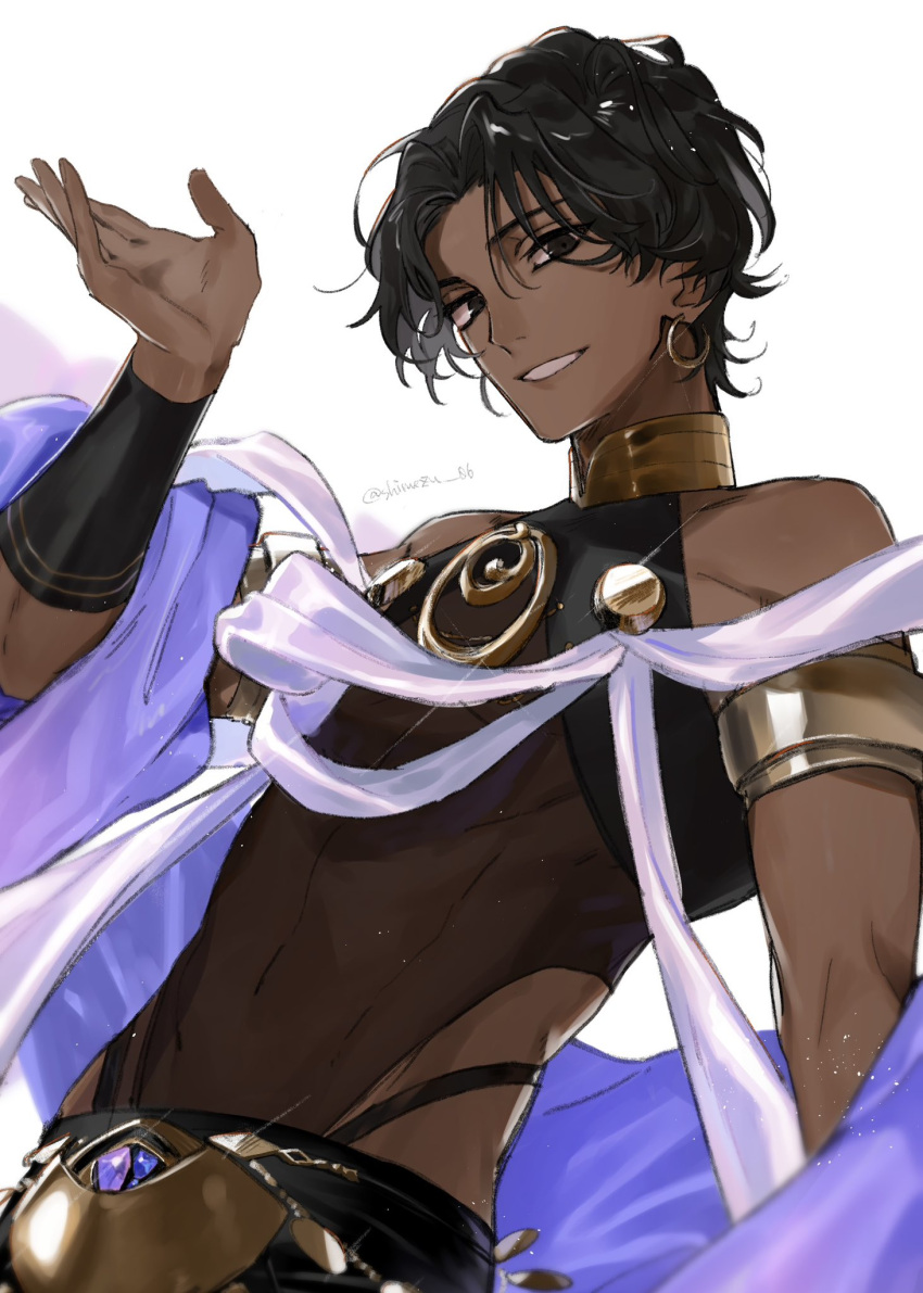 1boy, arjuna_(fgo_fes._2025)_(fate), black_eyes, black_hair, covered_navel, dark-skinned_male, dark_skin, earrings