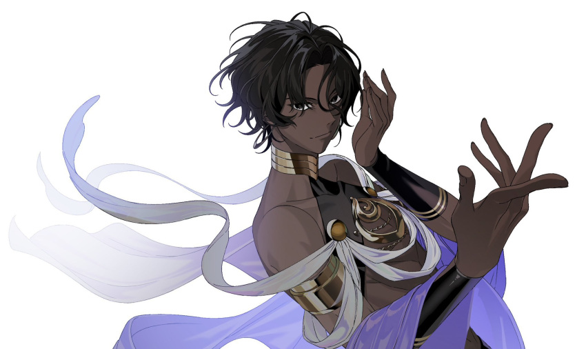 1boy, arjuna_(fgo_fes._2025)_(fate), black_eyes, black_hair, dark-skinned_male, dark_skin, earrings, fate/grand_order