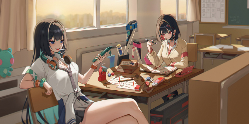 2girls, absurdres, black_hair, black_skirt, black_survival, blue_eyes, blue_hair, cardigan