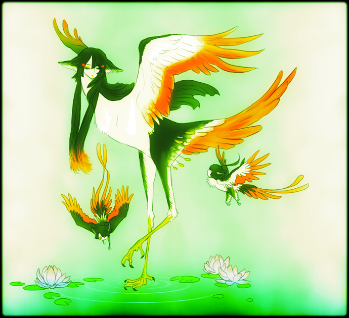 1girl, 2others, animal_ears, bird, bird_legs, child, closed_eyes, closed_mouth