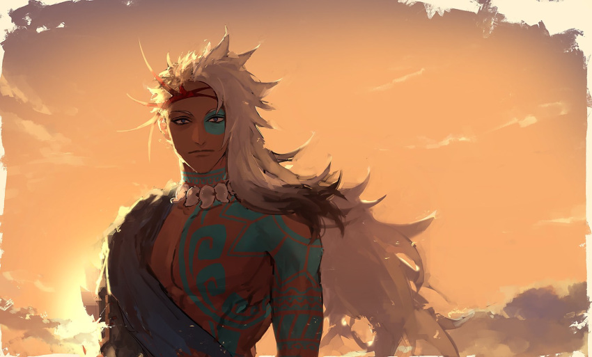 1boy, asymmetrical_hair, blonde_hair, blue_tattoo, chest_tattoo, clouds, dark-skinned_male, dark_skin