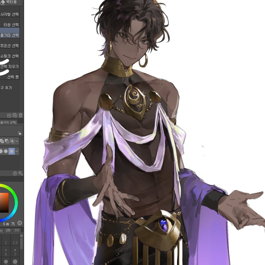 1boy, arjuna_(fgo_fes._2025)_(fate), art_program_in_frame, black_eyes, black_hair, covered_navel, cowboy_shot, dark-skinned_male, dark_skin, earrings, fate/grand_order, fate_(series), gold_armlet, halter_shirt, halterneck, hoop_earrings, jewelry, looking_at_viewer, male_focus, necklace, parted_bangs, potato_goril, purple_sash, sash, see-through_clothes, see-through_shirt, shawl, shirt, simple_background, sleeveless, smile, solo, wavy_hair, white_background