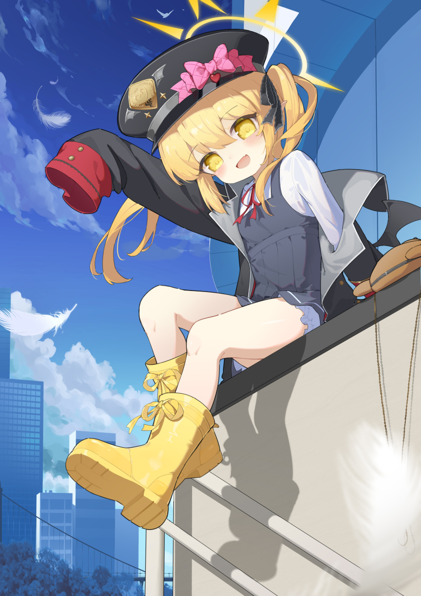 1girl, absurdres, biluoyao, black_coat, black_dress, black_hat, black_ribbon, black_wings, blonde_hair, bloomers, blue_archive, blue_sky, blush, boots, bow, child, coat, demon_girl, demon_wings, dress, flat_chest, halo, hat, hat_bow, highres, ibuki_(blue_archive), long_sleeves, looking_at_viewer, military_hat, neck_ribbon, open_mouth, outdoors, peaked_cap, pinafore_dress, pink_bow, red_ribbon, ribbon, rubber_boots, shirt, short_dress, side_ponytail, sitting, sky, sleeveless, sleeveless_dress, sleeves_past_fingers, sleeves_past_wrists, solo, white_bloomers, white_shirt, wings, yellow_boots, yellow_eyes, yellow_halo