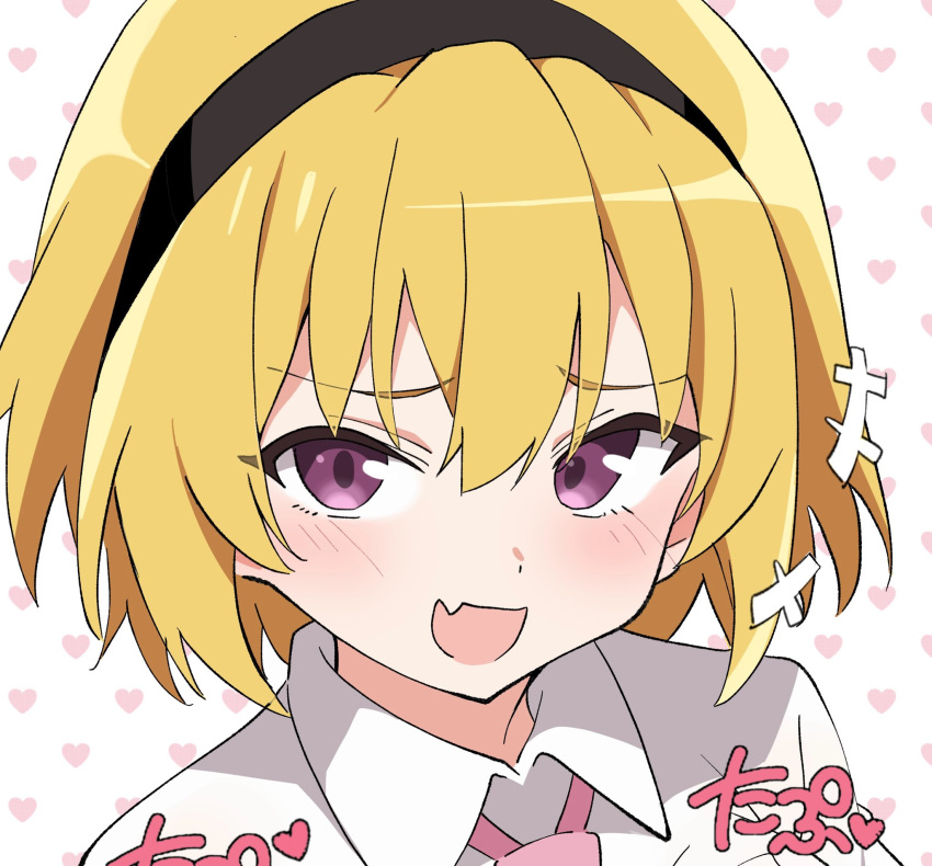 +++, 1girl, :d, black_hairband, blonde_hair, blush, collared_shirt, fang